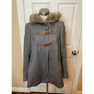 Cartonnier Gray Wool Blend Zip-Up Coat W/ Faux Fur Trim Hood & Toggles, Size 8